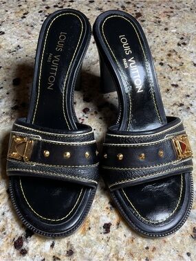 Louis Vuitton Black Suhali Leather Studded 3-1/2” Heel Mules Size 37.5 (EU)